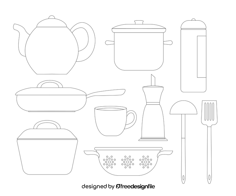 Kitchenware, kitchen utensils black and white vector