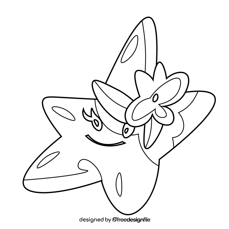 Starfish decorated with flower drawing black and white clipart