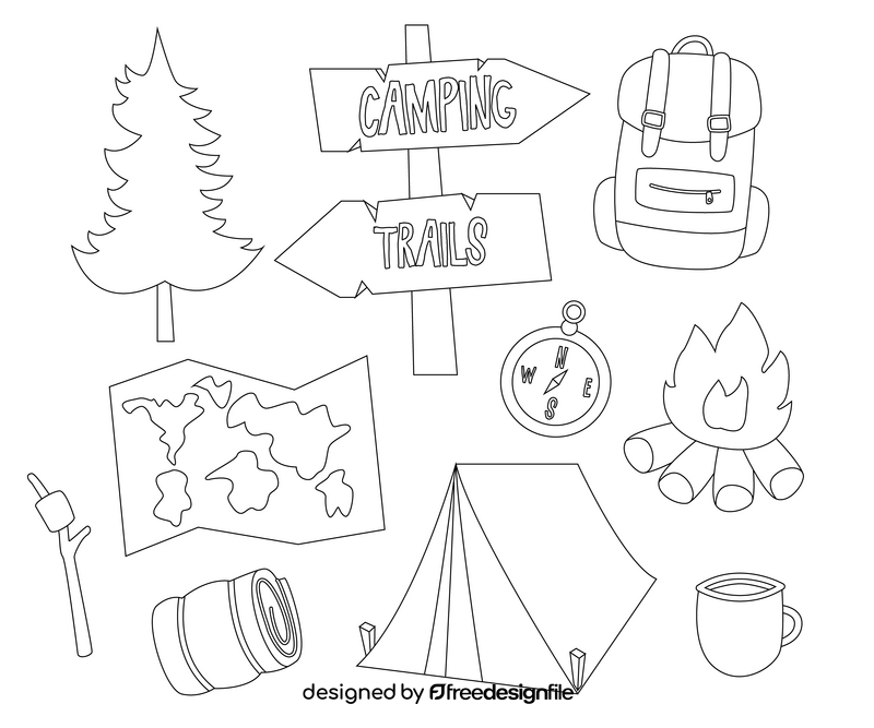 Camping elements black and white vector