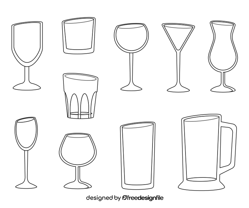 Set of different glassware black and white vector