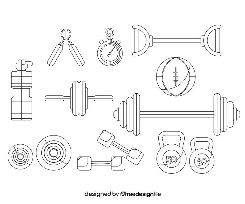 Sports, gym equipment black and white vector
