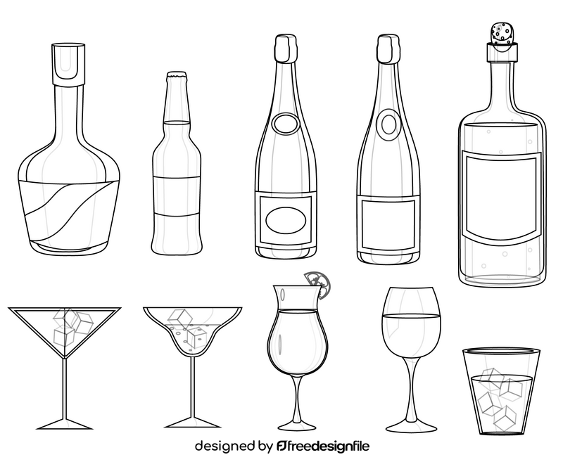 Alcohol bottles and glasses black and white vector