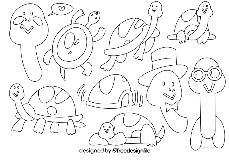 Turtle cartoon set black and white vector