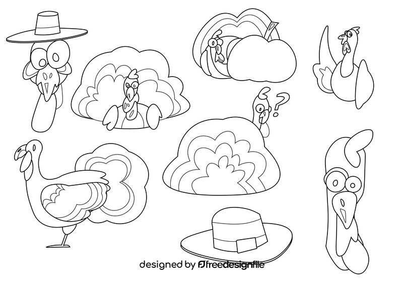 Turkey cartoon set black and white vector