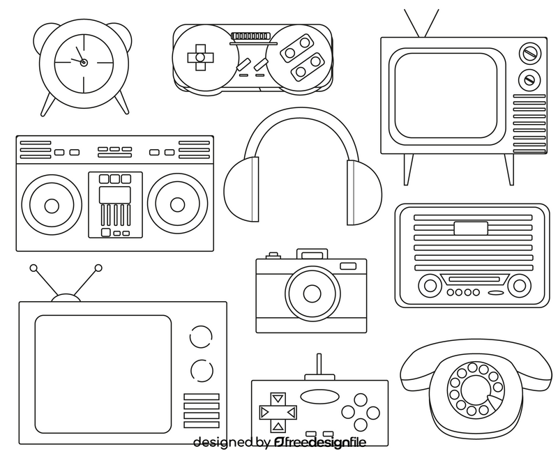 Retro electronics, vintage electronic devices black and white vector