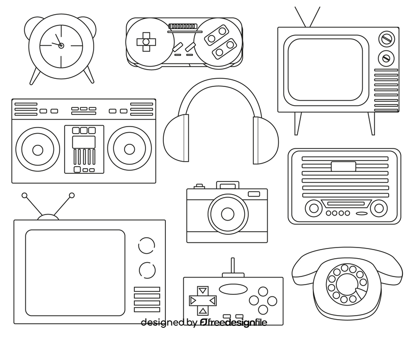 Retro electronics, vintage electronic devices black and white vector ...