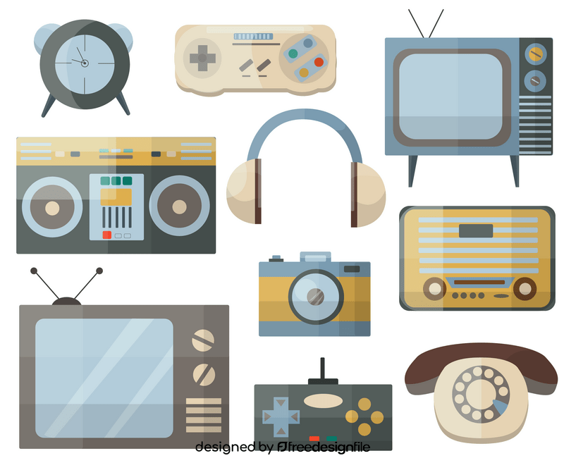 Retro electronics, vintage electronic devices vector