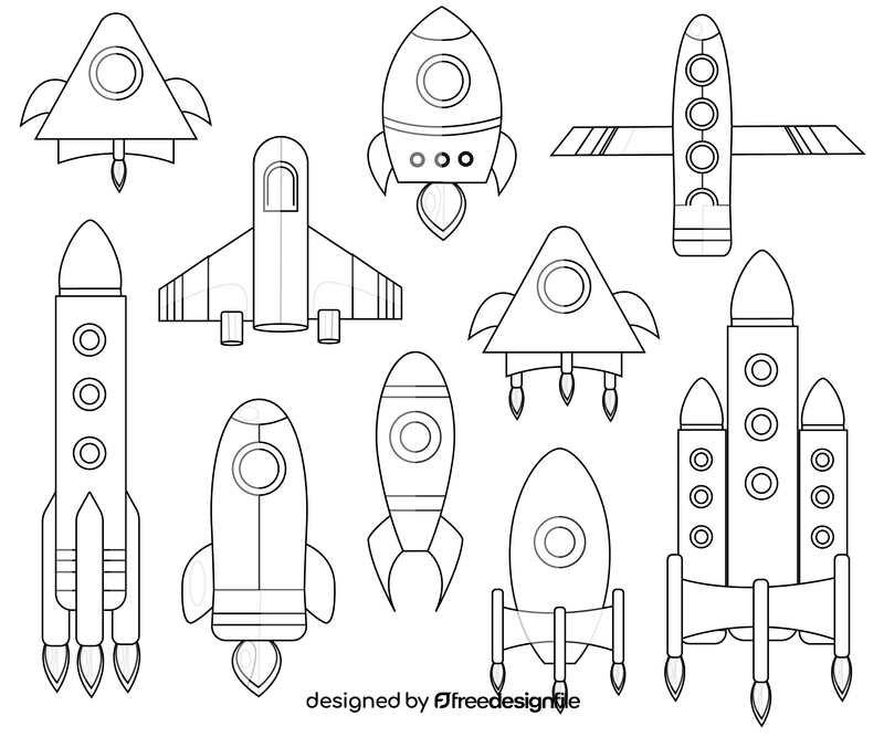 Spaceship, rockets black and white vector