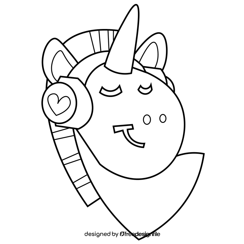 Cute unicorn listening to music black and white clipart