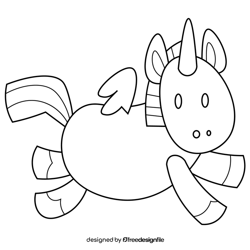 Unicorn flying drawing black and white clipart