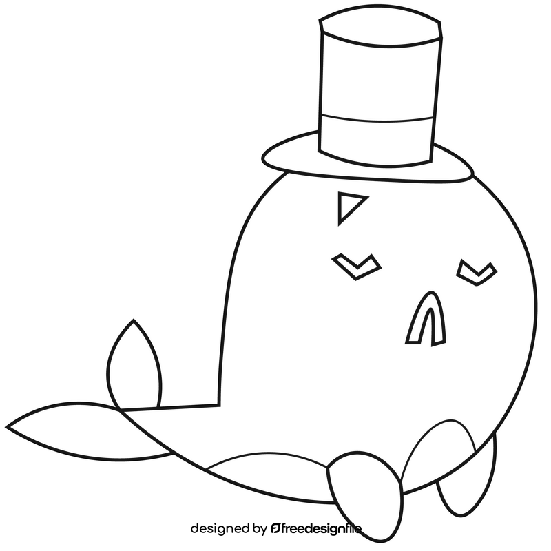 Cartoon whale with hat black and white clipart