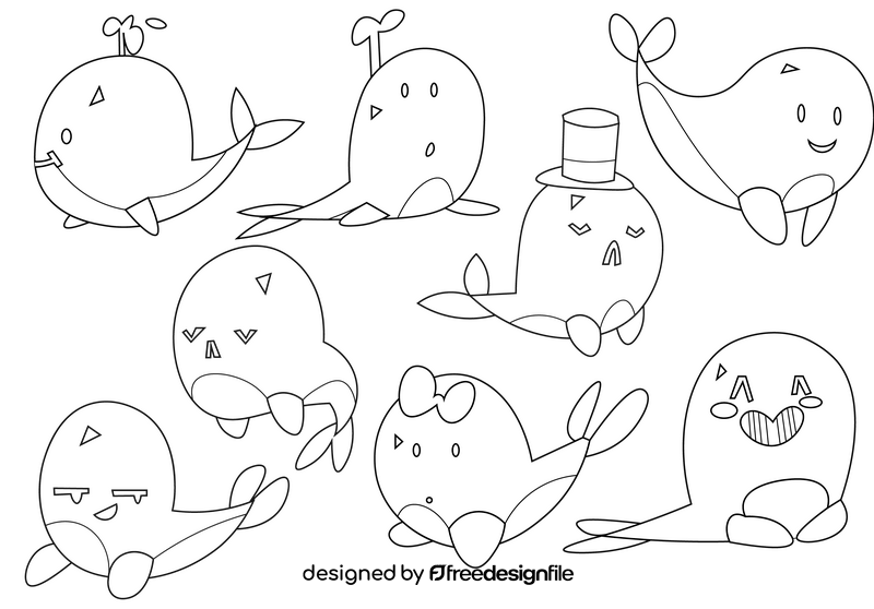 Whale cartoon set black and white vector