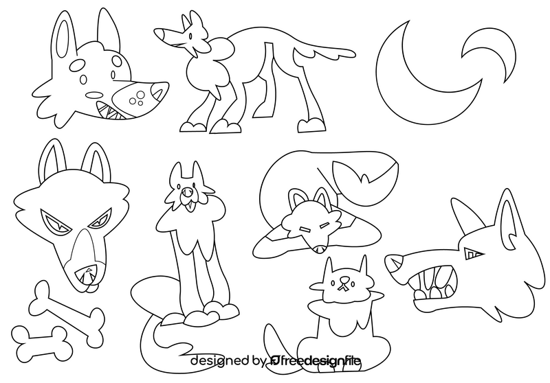 Wolf cartoon set black and white vector
