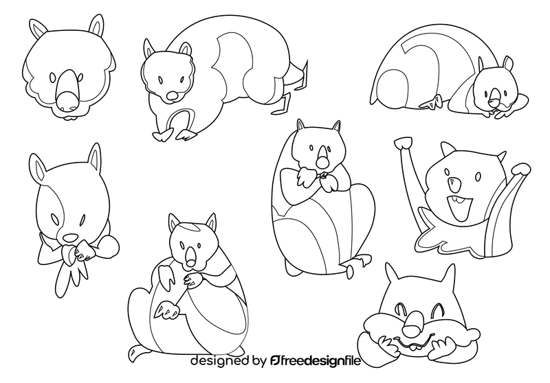 Wombat cartoon set black and white vector