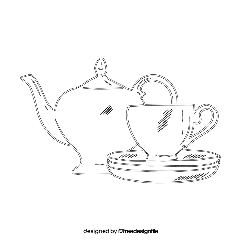 Pottery Teapot, Cup, Plate black and white clipart