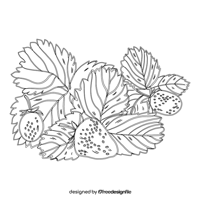 Strawberries with Leaves black and white clipart