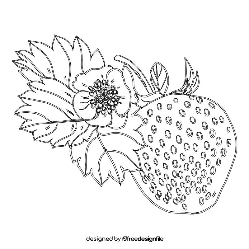 Strawberry with Leaves black and white clipart