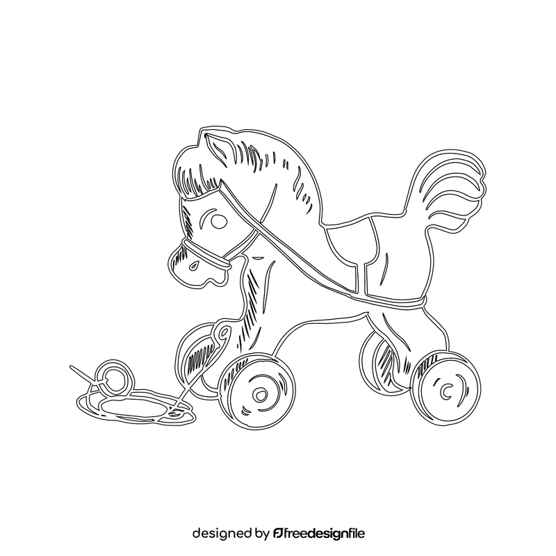 Horse Toy with Wheels black and white clipart