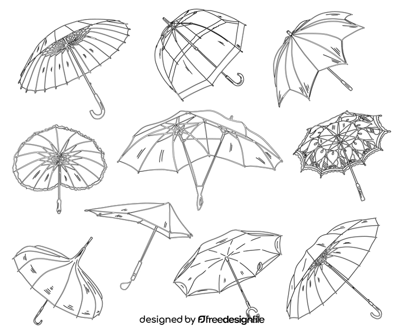 Set of Umbrellas black and white vector