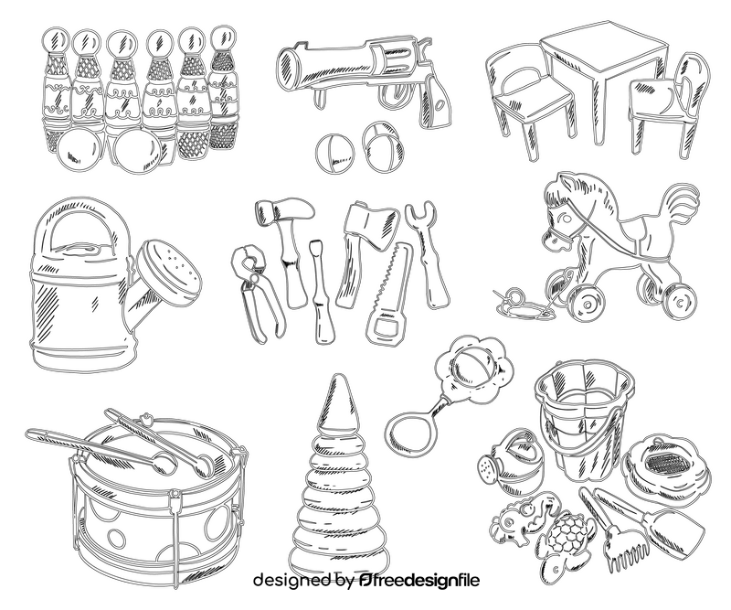 Toys Set for Kids black and white vector