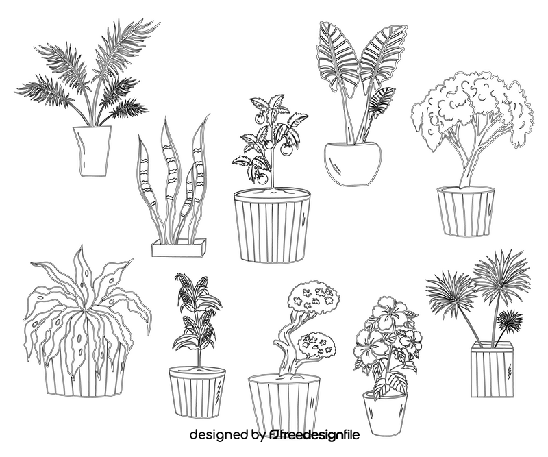 Set of Potted Plants black and white vector