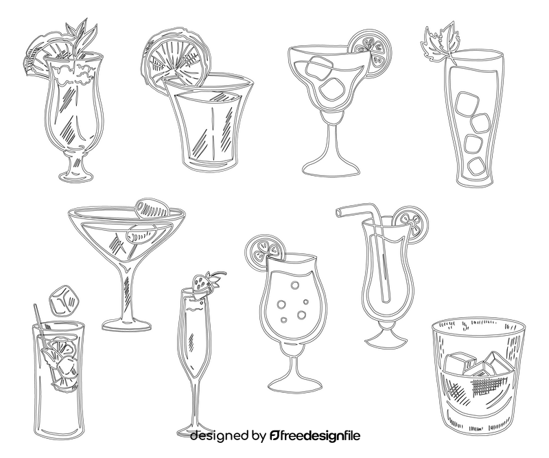 Set of Cocktails black and white vector