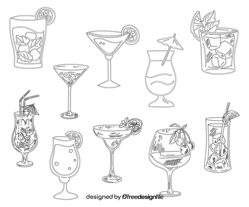 Set of Cocktails black and white vector