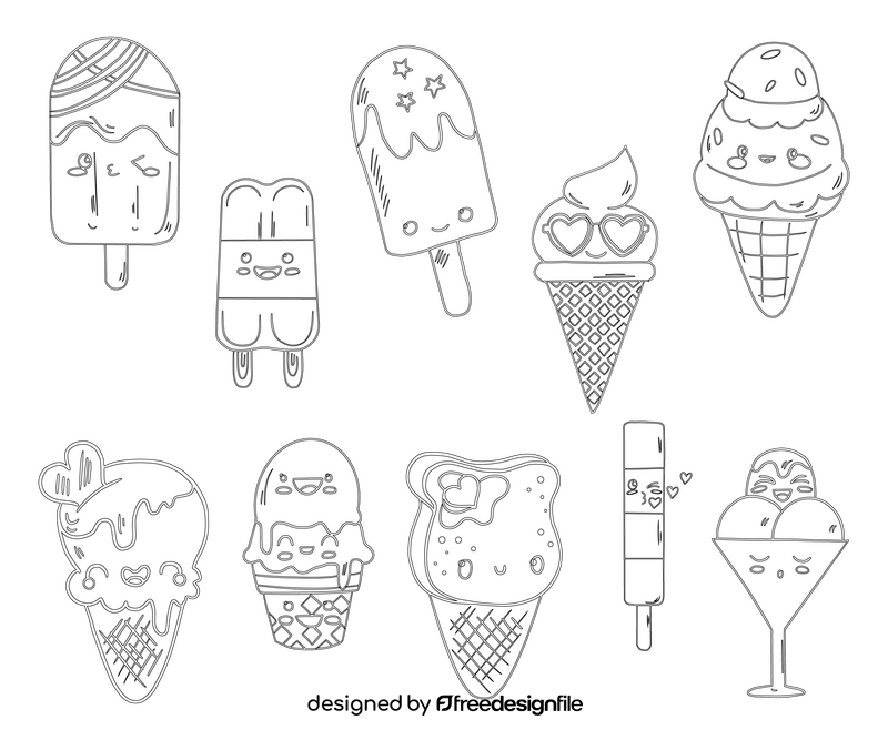 Cute kawaii ice creams black and white vector