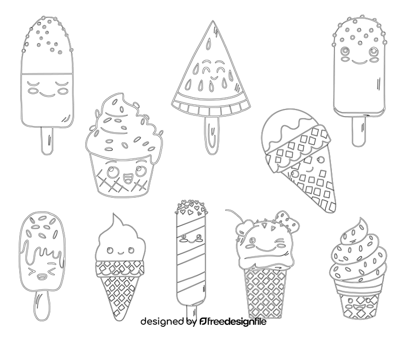 Cute kawaii ice creams black and white vector