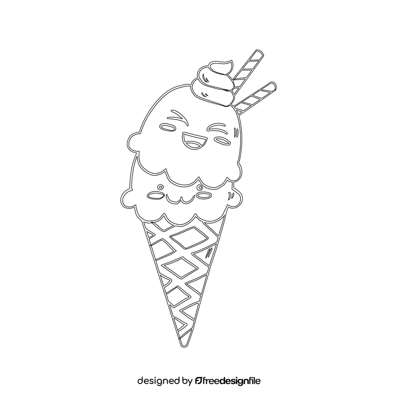 Cartoon kawaii ice cream cone black and white clipart