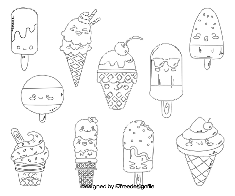 Cartoon kawaii ice creams black and white vector