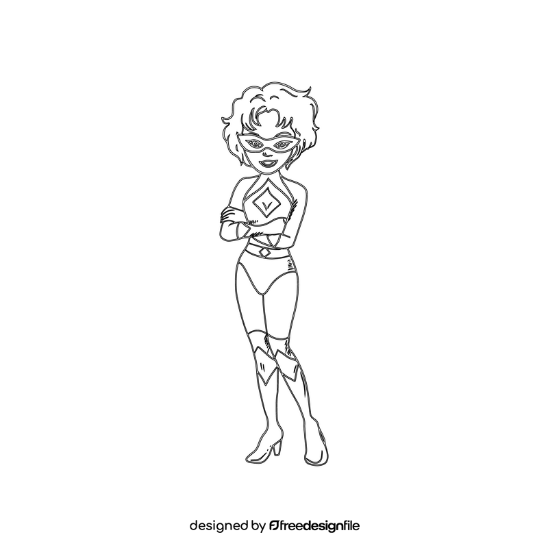 Female superhero cartoon black and white clipart