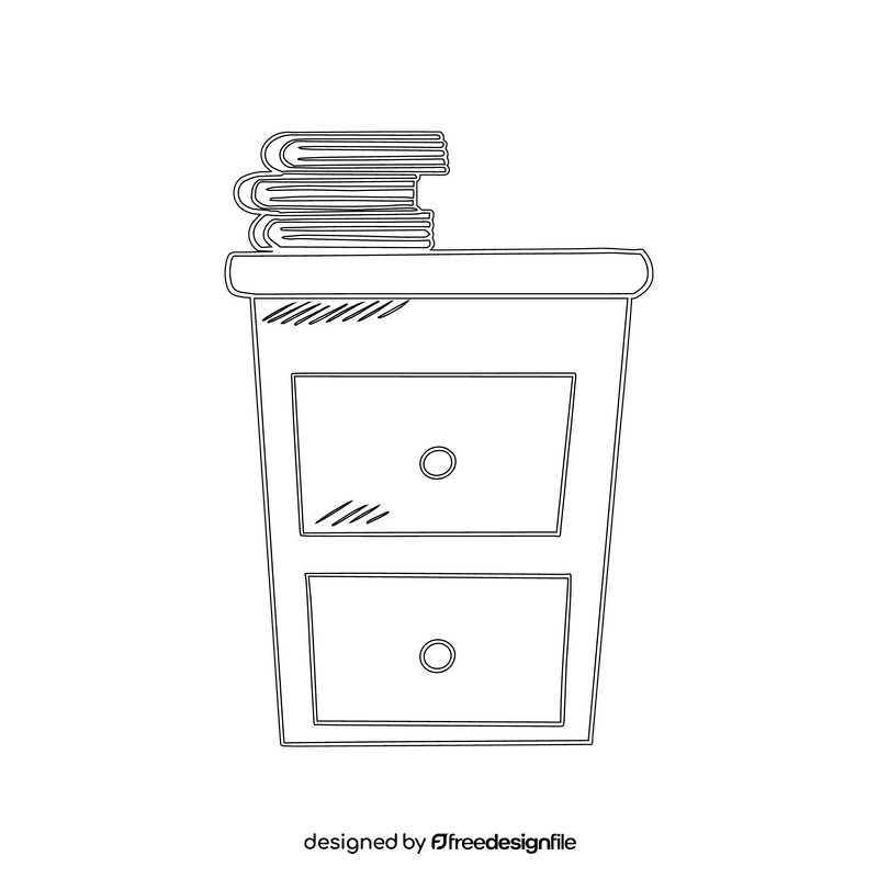 Books on chest of drawers black and white clipart