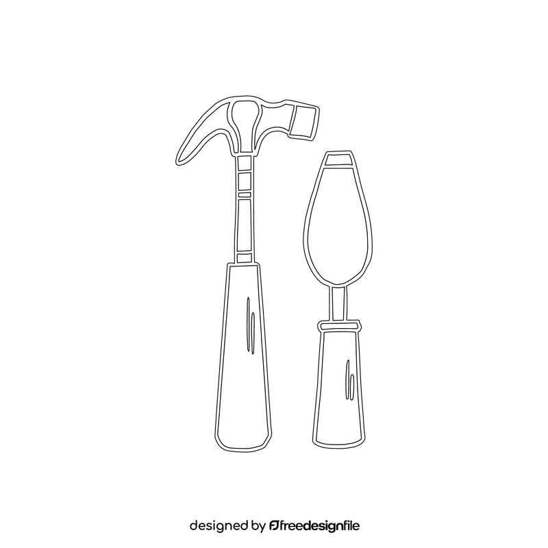 Household tools, hummer, putty knife black and white clipart