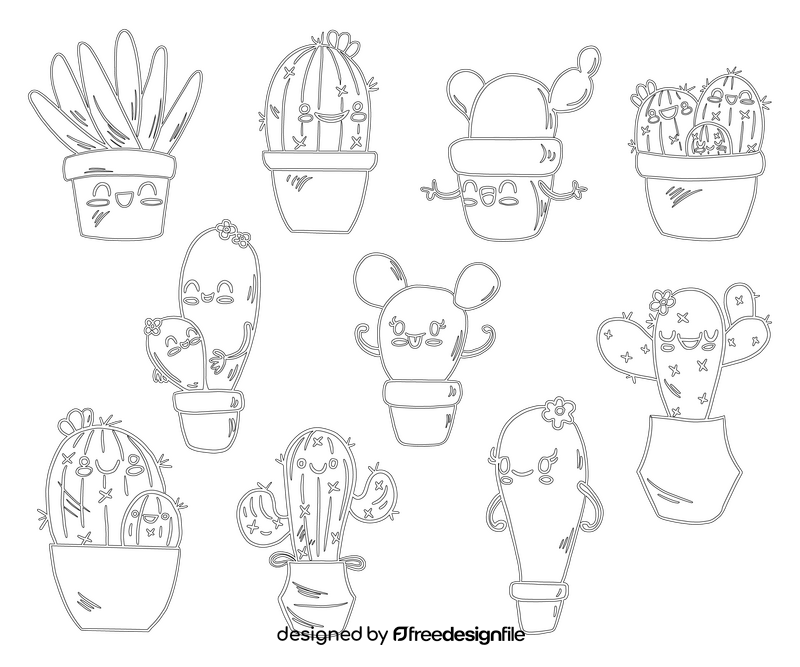 Set of cute kawaii cactuses black and white vector