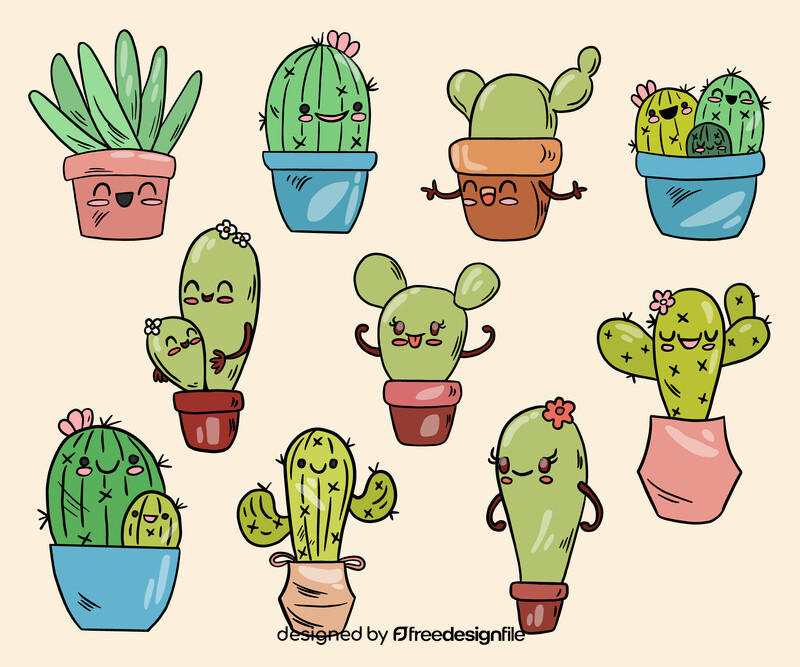Set of cute kawaii cactuses vector
