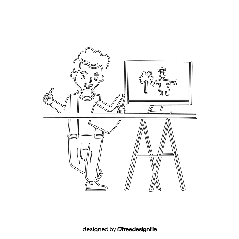 Boy studying drawing black and white clipart