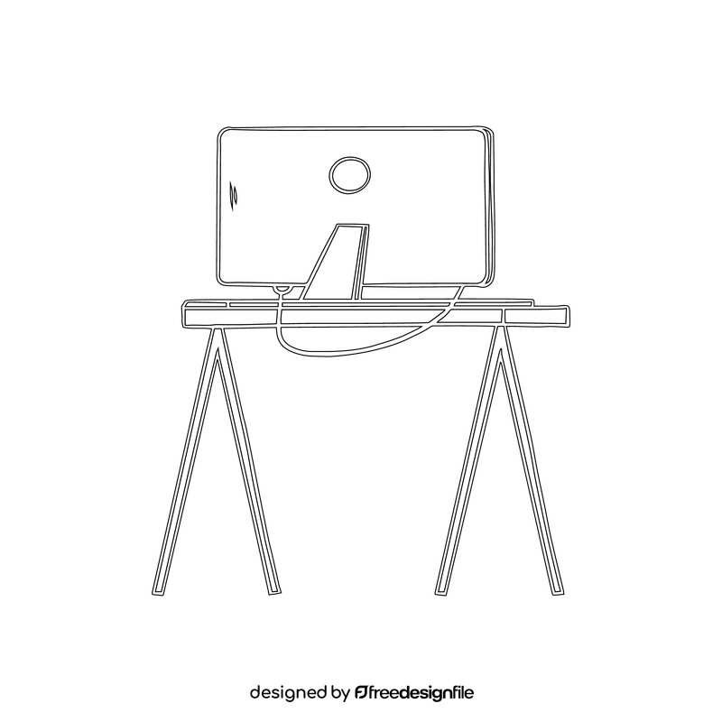 Computer on a table drawing black and white clipart