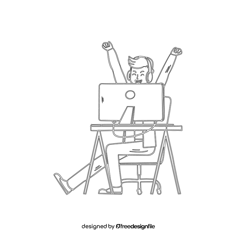 Online distance learning, boy working on computer black and white clipart