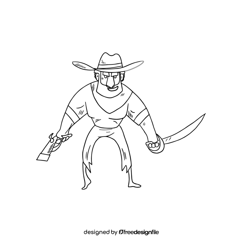 Pirate holding a sword cartoon drawing black and white clipart