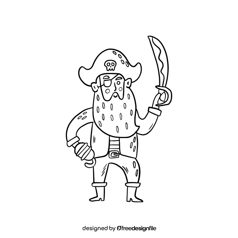 Cartoon pirate holding sword drawing black and white clipart