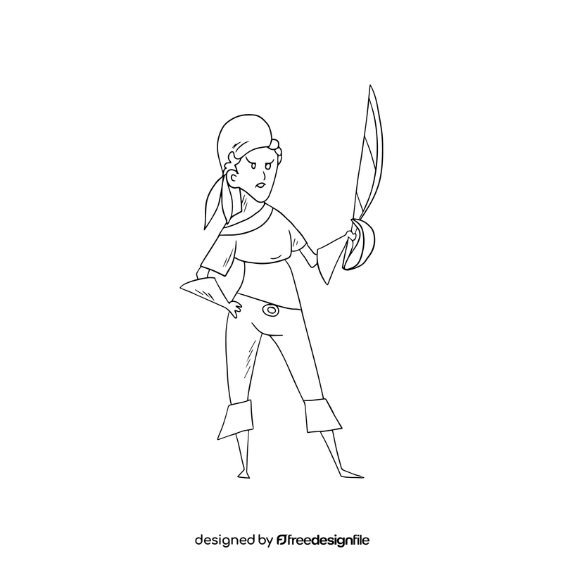 Pirate girl holding sword black and white clipart