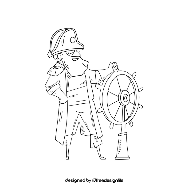 Pirate captain holding wheel black and white clipart