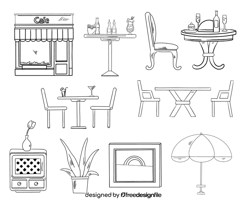 Cafe set cartoon black and white vector