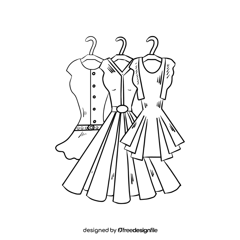 Cartoon clothes, dresses hanging on hanger black and white clipart