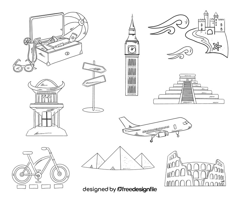 Travel, vacation cartoon black and white vector