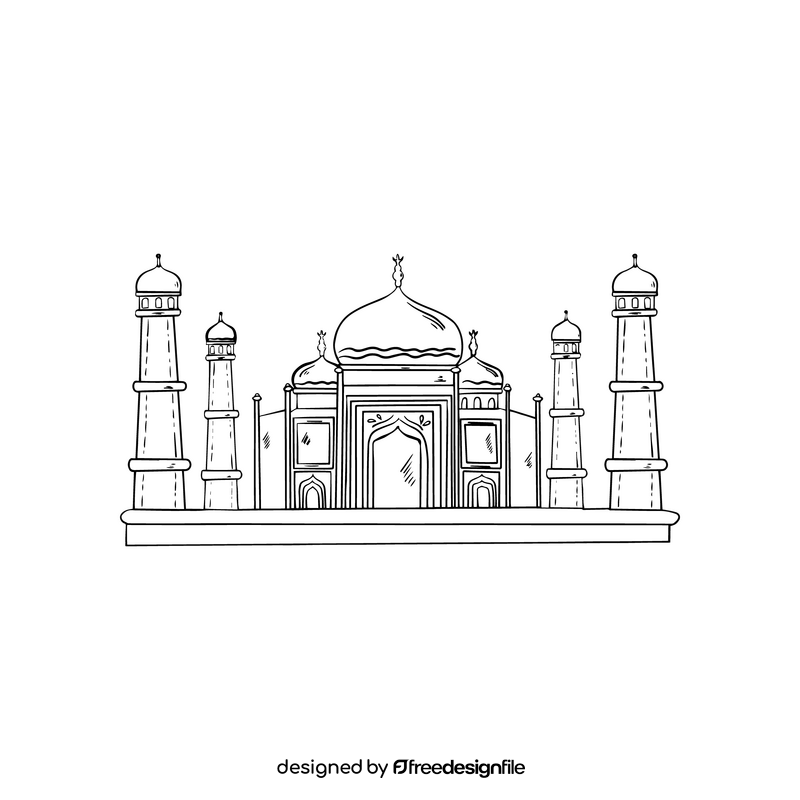 Taj Mahal India illustration black and white clipart
