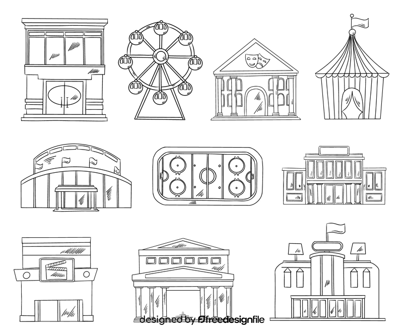 Sport buildings set, culture buildings set black and white vector