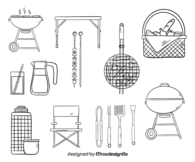 BBQ barbecue objects black and white vector