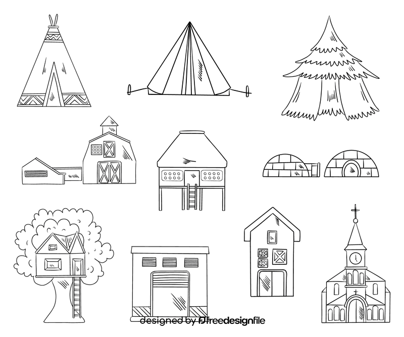 Residential buildings, houses black and white vector